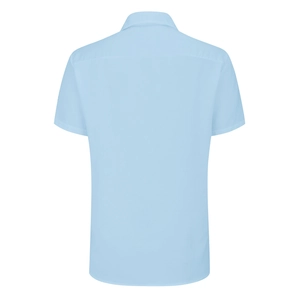 Detailed back view of a men's light blue short-sleeved cotton shirt with sharp tailoring