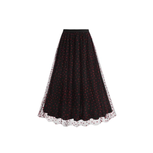 Elegant black tulle A-line midi skirt featuring romantic red heart prints and elastic waist