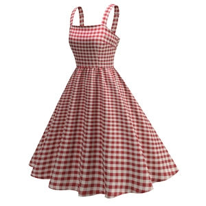 Detail view of pink and white checkered midi dress with a cinched waist and pleated skirt