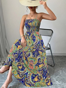 Robe Longue de Plage à Bretelles Spaghetti Style Bohême pour Femmes Imprimé Paisley Vintage Buste Smocké Robe d'été Vacances