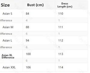 Size chart for elegant evening dress showing bust and length measurements in centimeters