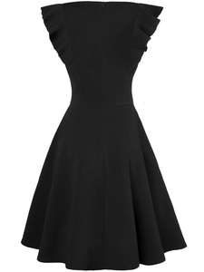 Detailed back view of a black evening dress featuring ruffled sleeves and invisible zipper
