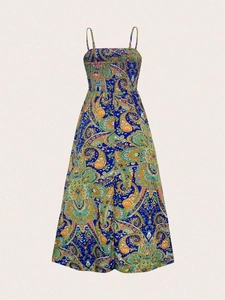 Robe longue bohème à imprimé paisley bleu roi avec fines bretelles et taille plissée