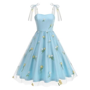 Detailed close-up view of French daisy floral embroidery on light blue mesh dress