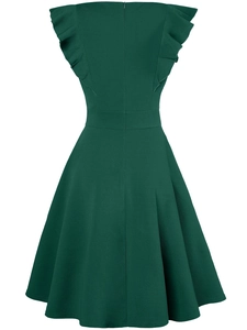Detail of dark green A-line evening dress featuring ruffle sleeves and hidden back zipper