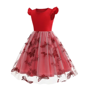 Detail of girls red dress featuring flutter sleeves and butterfly floral embroidery on mesh
