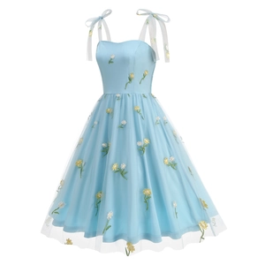 French style light blue mesh dress with delicate daisy embroidery and tie straps