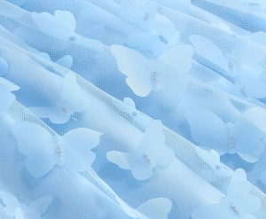 Dettaglio macro di tessuto a rete azzurro con applicazioni di farfalle in pizzo 3D