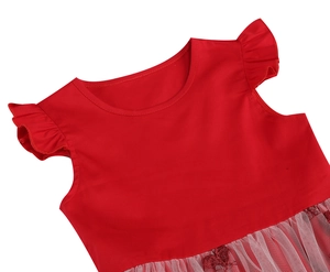 Detail of red girl's dress with round neck, ruffle sleeves and white lace mesh floral embroidery