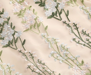 Macro detail of intricate floral embroidery on sheer mesh fabric of a vintage dress