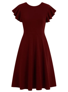 Close-up detail of wine red short sleeve dress with ruffle sleeves and A-line waist