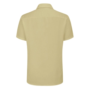 Detailed back view of a light khaki short-sleeve bamboo texture slim-fit shirt