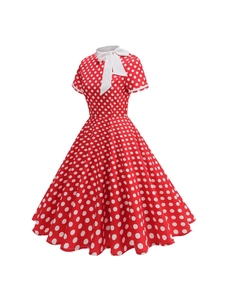 Robe Midi Vintage Années 50 à Pois pour Femmes Élégante Col à Nœud Manches Courtes Taille Haute Robe de Soirée Évasée