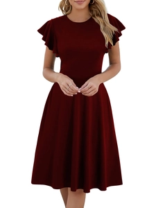 Women's elegant wine red midi dress with round neck and ruffled butterfly sleeves