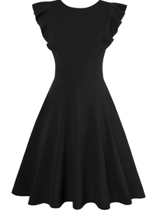 Elegant black sleeveless evening dress with ruffle sleeves and slim-fit A-line silhouette