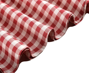 Close-up of red and white gingham fabric with soft pleats and neat stitching detail