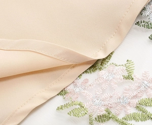 Detailed close-up of embroidery and layered mesh fabric on an elegant vintage dress