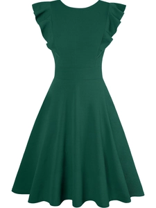 Elegant dark green A-line evening dress with ruffle sleeves and high-waisted silhouette