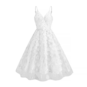 Elegant white V-neck maxi dress featuring intricate 3D floral appliques and open back design