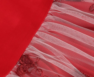 Detailed macro view of red fabric featuring intricate floral embroidery on delicate mesh
