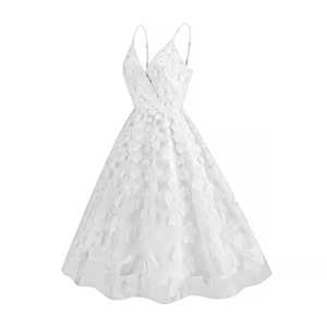 Detail of white mesh dress featuring 3D floral embroidery and V-neckline lace-up design