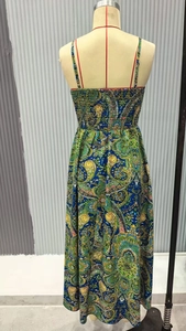 Détail d'une robe longue bohème à imprimé paisley avec dos élastique et fines bretelles