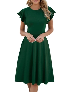 Women's Elegant Ruffle Sleeve Dress Round Neck Solid Color A-Line Midi Dress Casual Summer Short Sleeve Pullover Dress