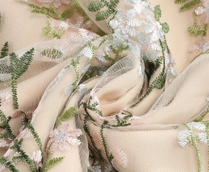 Close-up detail of floral embroidery and mesh texture on a vintage party dress