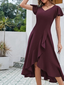 Elegant dark red V-neck ruffle dress with asymmetrical high-low hem and belted waistline
