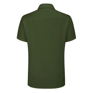 Detail view of the back of a slim-fit dark green short-sleeve shirt with shoulder stitching