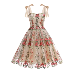 Elegant champagne A-line dress with floral embroidery and mesh overlay on white background