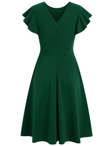 Detail of dark green V-neck dress featuring ruffled sleeves and a high-waisted A-line hem