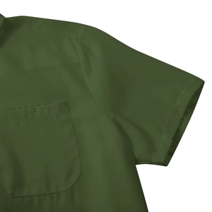 Detail of olive green men's short sleeve shirt showing chest pocket and stitching