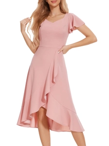 Elegant V-neck lotus sleeve high-low evening maxi dress in dusty rose for women