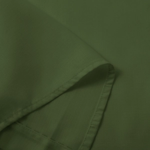 Close-up of deep green shirt fabric showing fine texture and neat stitching details