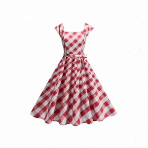 Robe vichy rouge et blanche vintage avec col carré et ceinture à nœud
