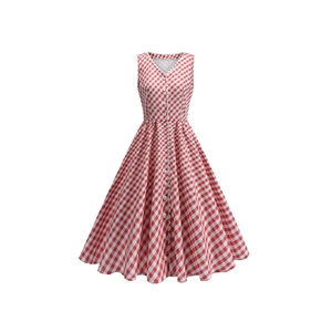 Women Vintage Gingham Sleeveless V Neck A Line Midi Dress Scalloped Scalloped Heart Button Retro Party Picnic Dress