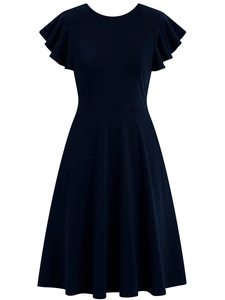 Detail of navy blue A-line dress featuring elegant ruffle sleeves and classic round neck
