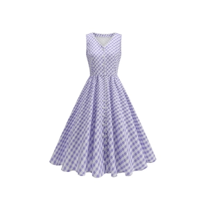 Elegant purple gingham V-neck dress with lace trim and vintage A-line sleeveless silhouette