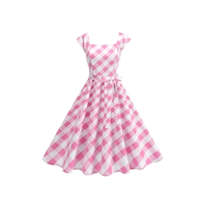 Robe vichy rose et blanche de style vintage avec col carré et ceinture à nœud