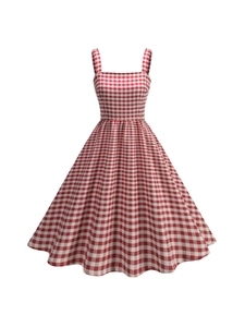 Vintage red and white gingham maxi dress with square neck and sleeveless A-line silhouette