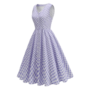 Elegant V-neck lavender plaid sleeveless dress with heart buttons and flared A-line skirt