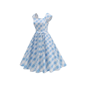 Robe vichy bleue vintage avec décolleté carré et nœud papillon à la taille