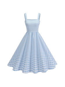 Blue and white gingham check sundress with square neck and high waist A-line skirt