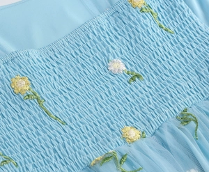 Detailed macro view of elastic smocking fabric with floral embroidery and blue tulle