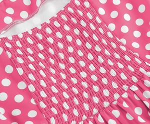 Détail de robe rose à pois montrant le smock élastique et la texture des coutures