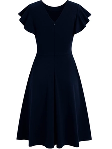 Front view of a navy blue short sleeve dress featuring ruffle sleeves and A-line silhouette