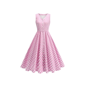 Elegant sleeveless V-neck gingham A-line dress with white scalloped lace trim and buttons