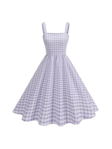 Sleeveless pink and white gingham A-line maxi dress with square neckline and wide straps