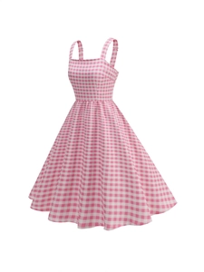 Pink and white gingham sleeveless maxi dress with a square neckline and an A-line silhouette
